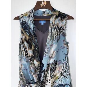 Simply Vera Wang Blue Black Draped Y2K Blouse Abstract Print Sleeveless Top Med